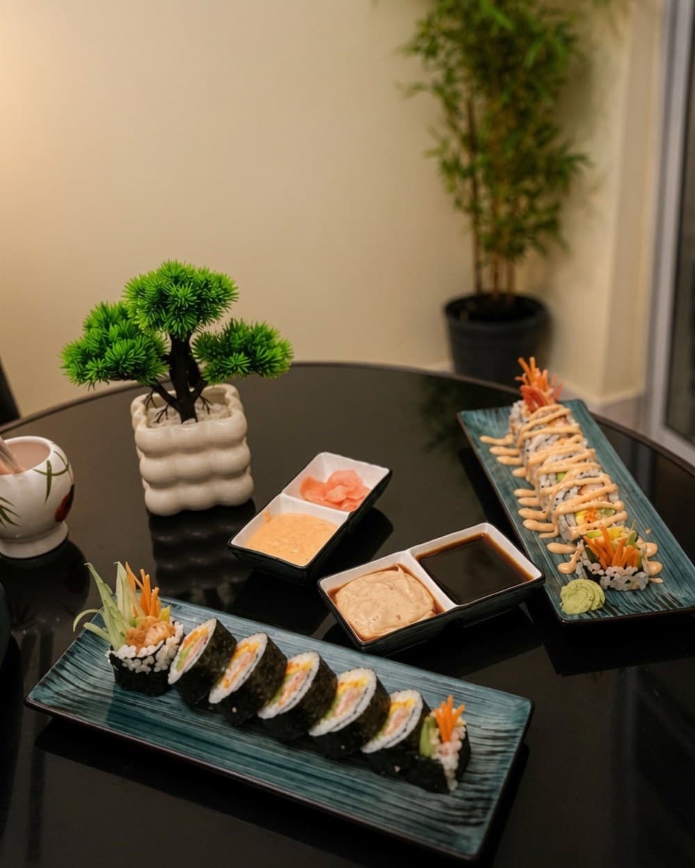 Walan Sushi signature plating — premium selection with bonsai styling
